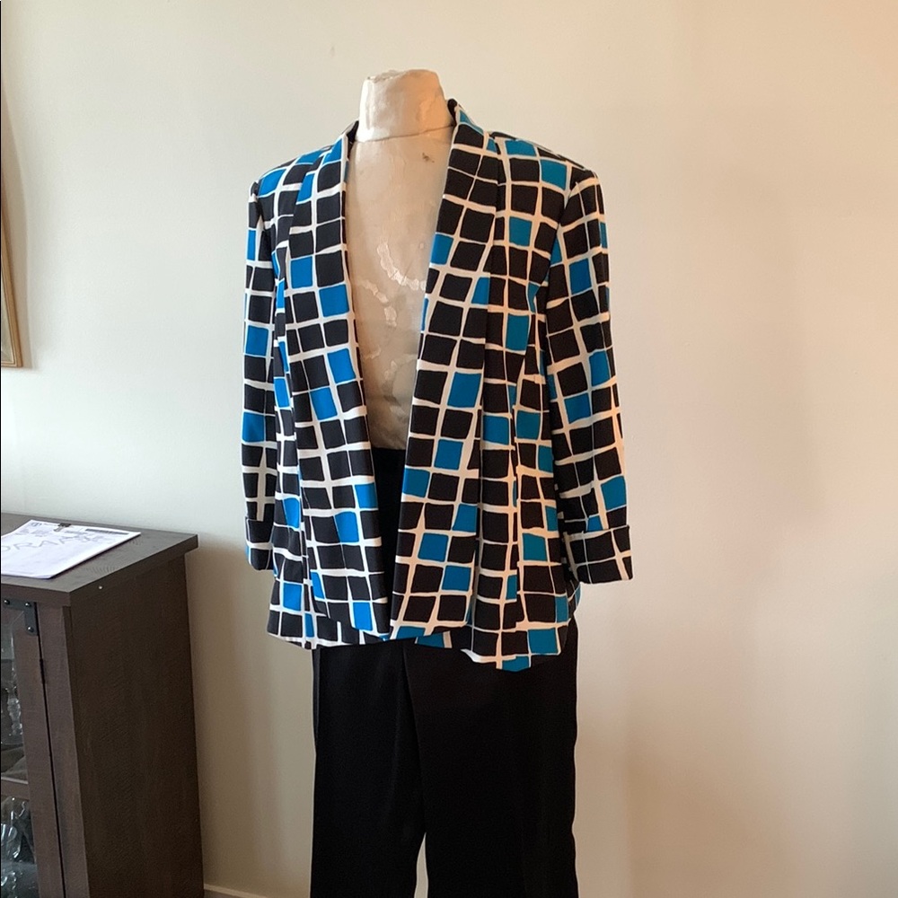 KASPER Women's Blue and Black Checkered Jacket and pants suit